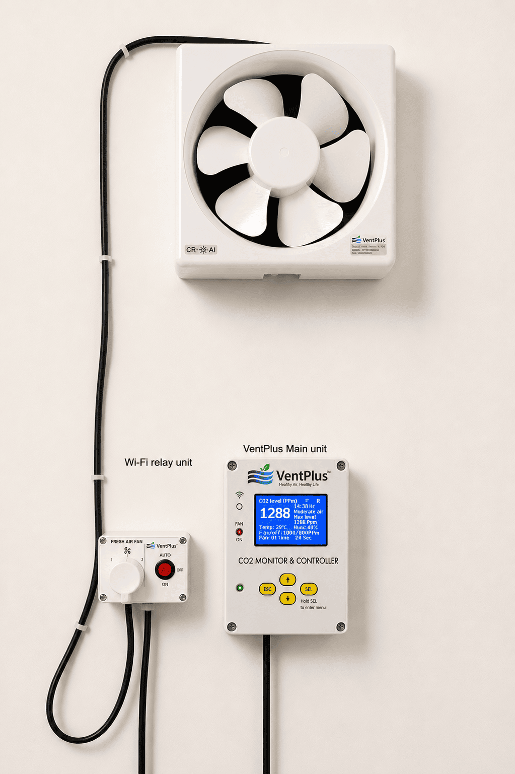 VentPlus CO₂ Monitor and Controller — typical wall installation with exhaust fan connected